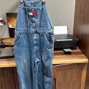Tommy Hilfiger Blue Denim white strap flap Overalls 90s retro
